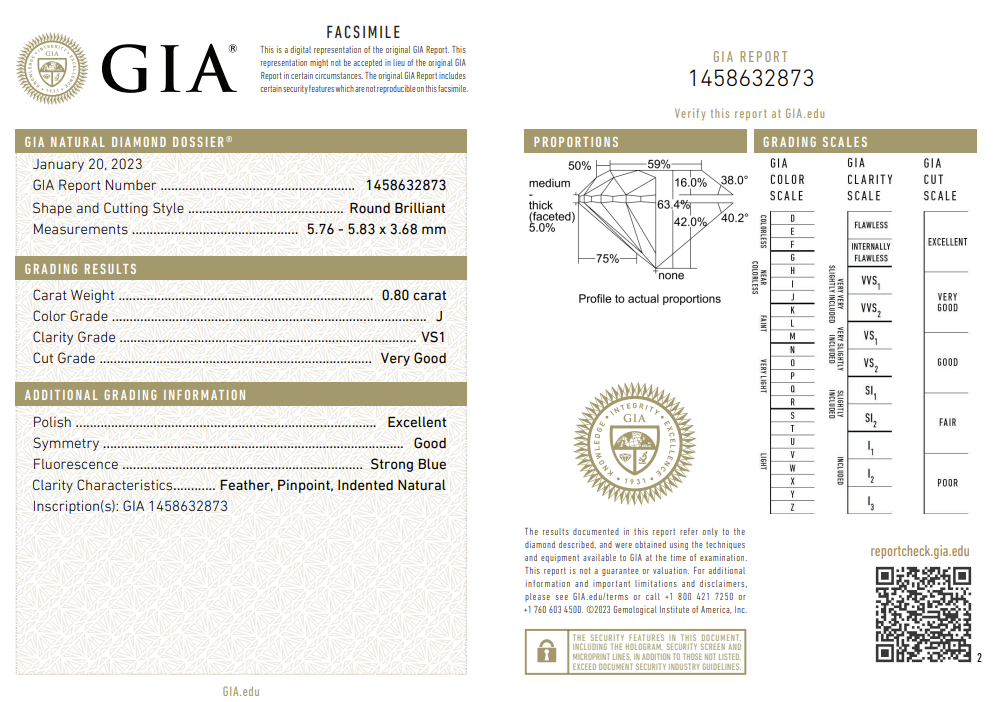 0.80ct Round Natural Diamond (Colour J, Clarity VS1, Cut VG, GIA Certified)