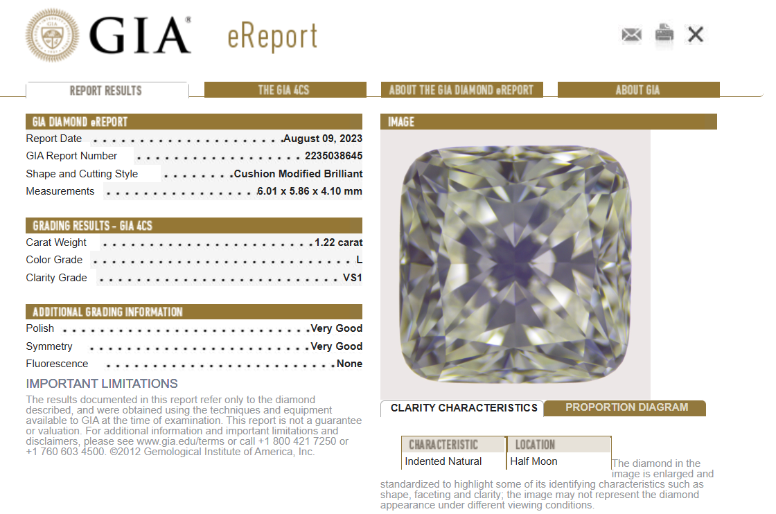 1.22ct Cushion brilliant Natural Diamond (Colour L, Clarity VS1, GIA Certified)