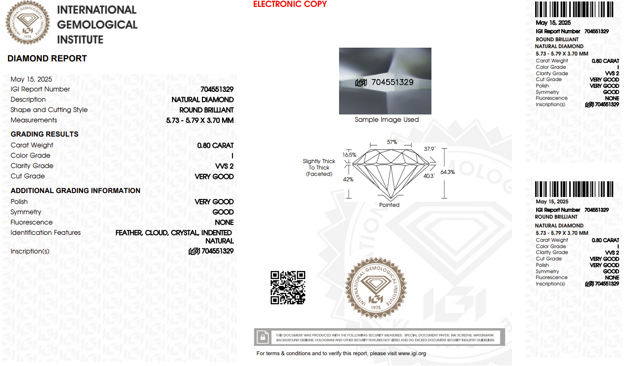 0.80ct Round Natural Diamond (Colour I, Clarity VVS2, Cut VG, IGI Certified)