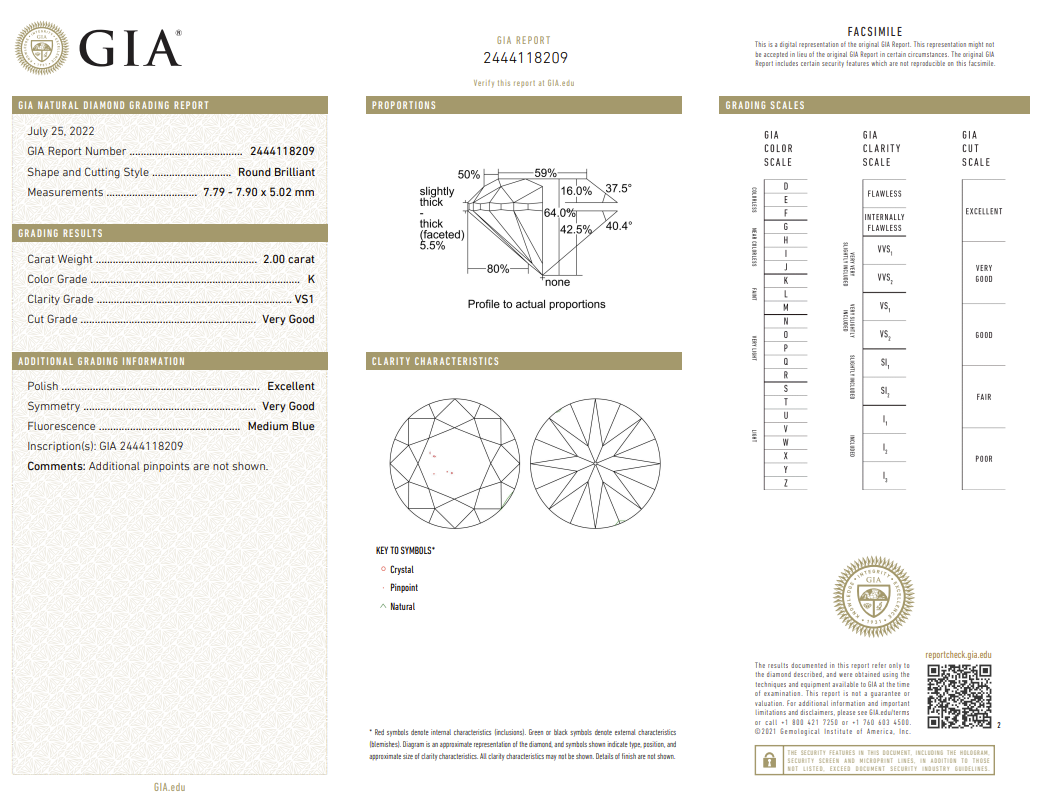 2.00ct Round Natural Diamond (Colour K, Clarity VS1, Cut VG, GIA Certified)