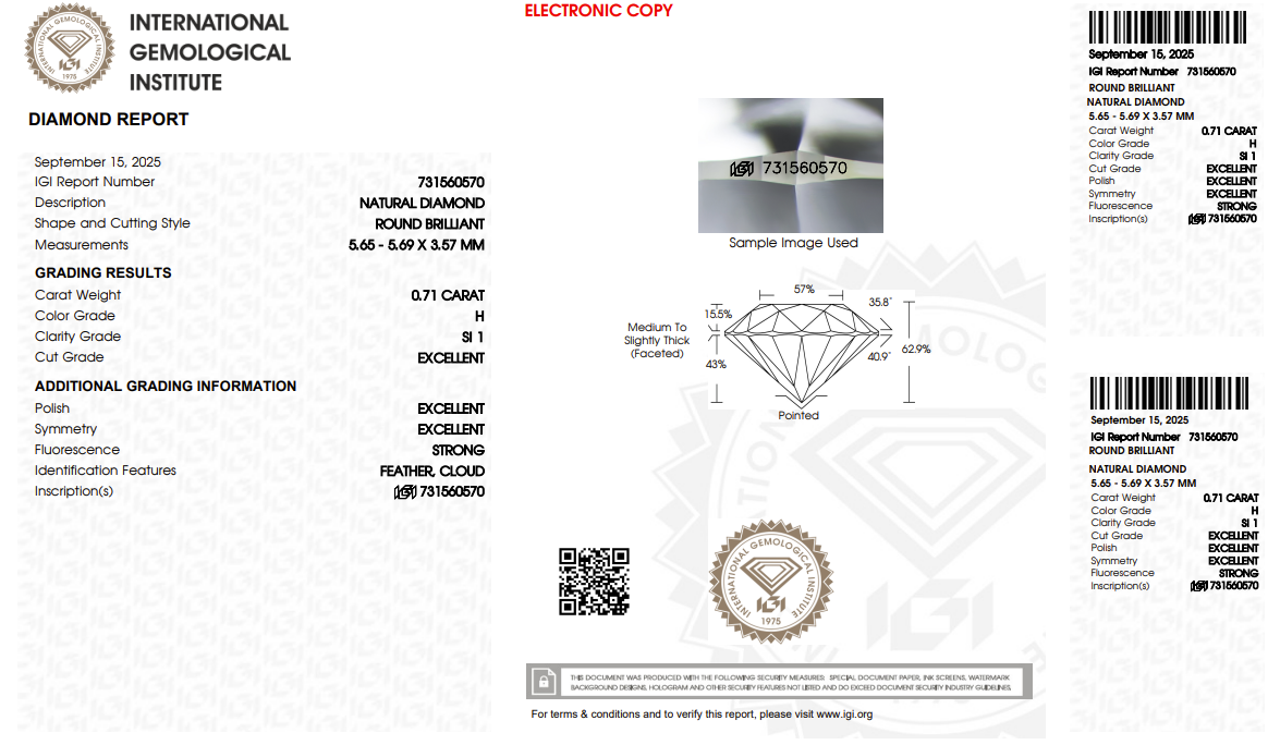 0.71ct Round Natural Diamond (Colour H, Clarity SI1, Cut EX, IGI Certified)