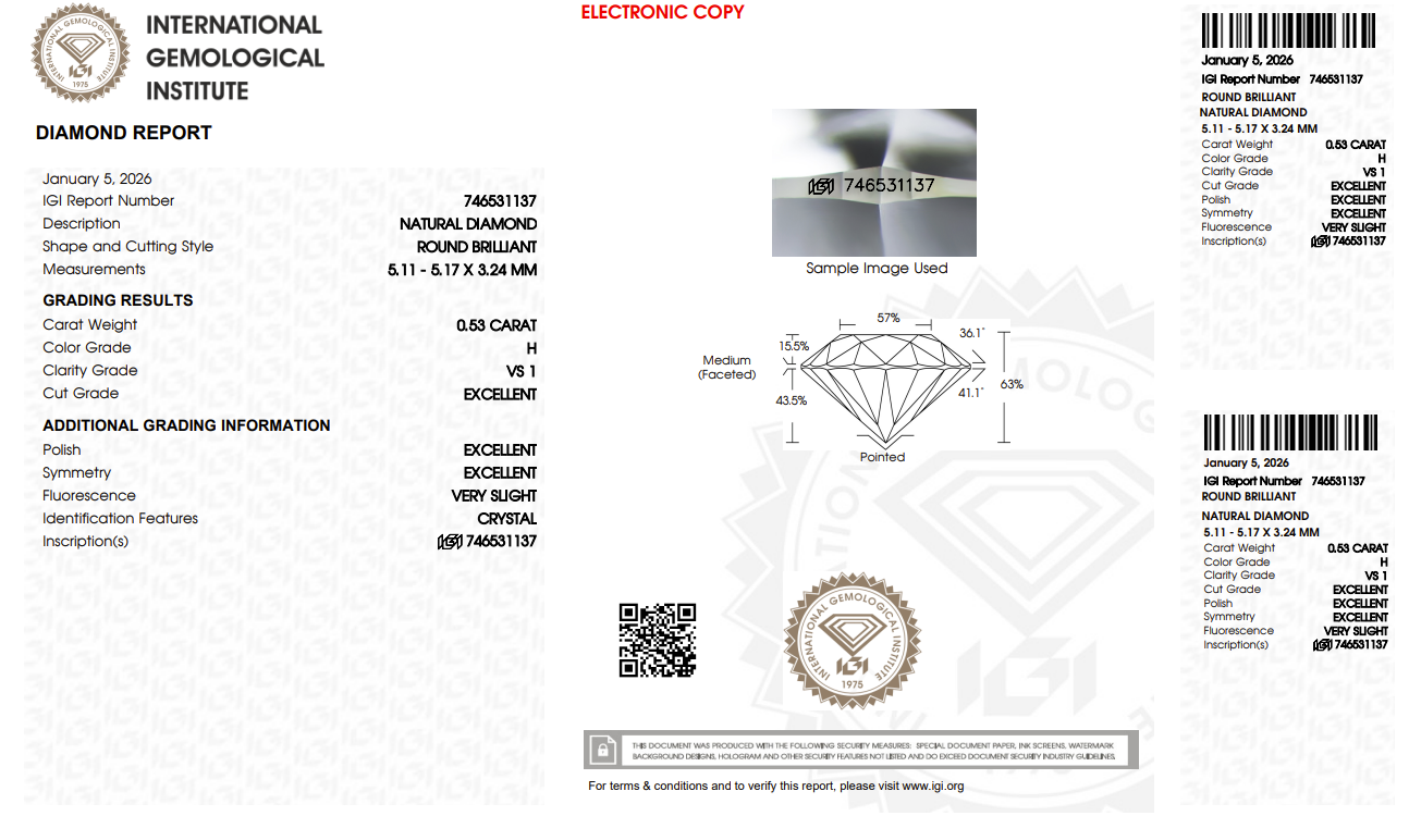 0.53ct Round Natural Diamond (Colour H, Clarity VS1, Cut EX, IGI Certified)