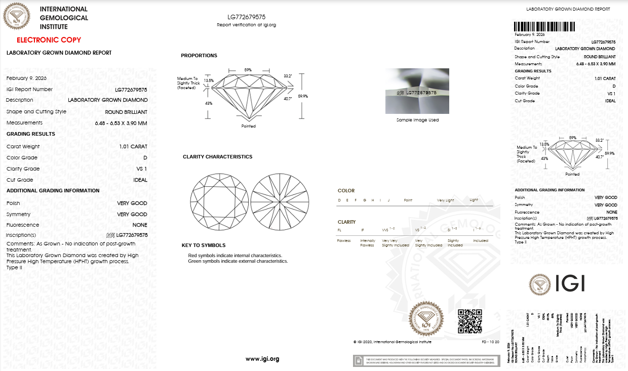 1.01ct Round Lab Grown Diamond (Colour D, Clarity VS1, Cut ID, IGI Certified)