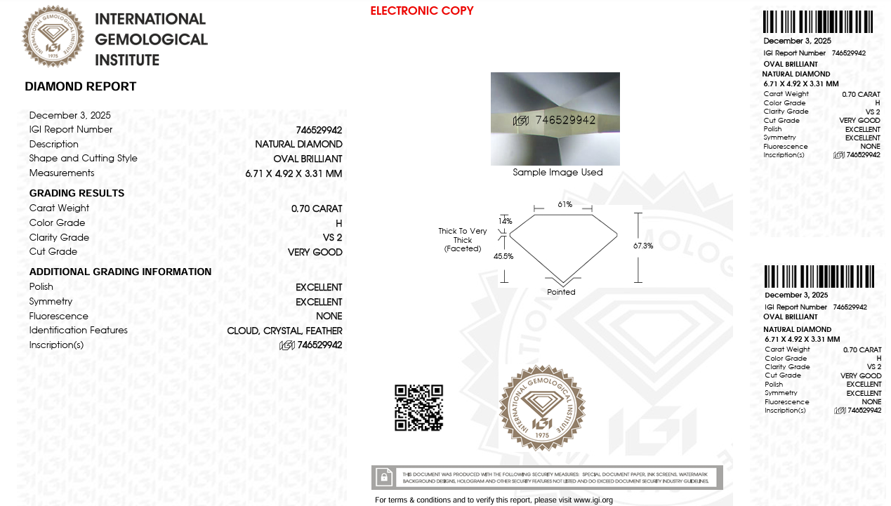 0.70ct Oval Natural Diamond (Colour H, Clarity VS2, Cut VG, IGI Certified)