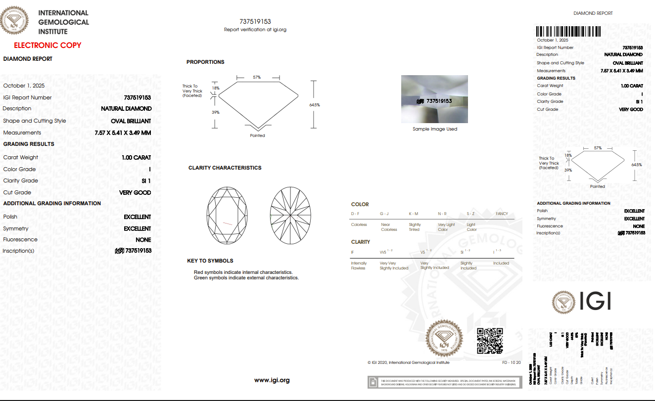 1.00ct Oval Natural Diamond (Colour I, Clarity SI1, Cut VG, IGI Certified)