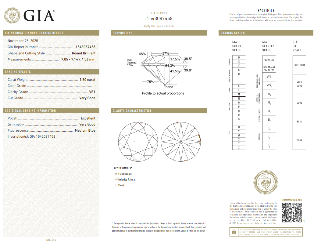 1.50ct Round Natural Diamond (Colour I, Clarity VS1, Cut VG, GIA Certified)